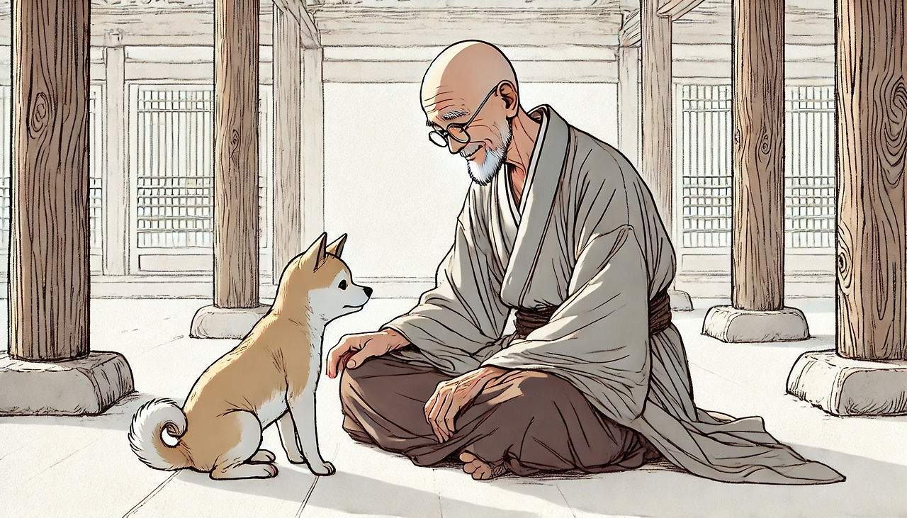 DALL·E 2024-06-24 10.14.28 - An older monk named Pyunjae, sitting and gently petting a young Jindo dog. The setting is calm and serene, reminiscent of a traditional temple environ.png