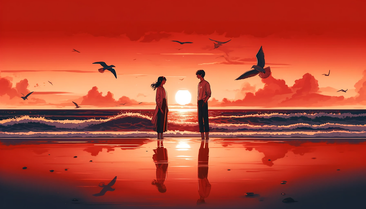 DALL·E 2024-06-08 16.57.26 - A romantic scene on a beach at sunset. The sky is painted in shades of red and orange as the sun sets over the horizon. Ife and Ronika are standing on.png