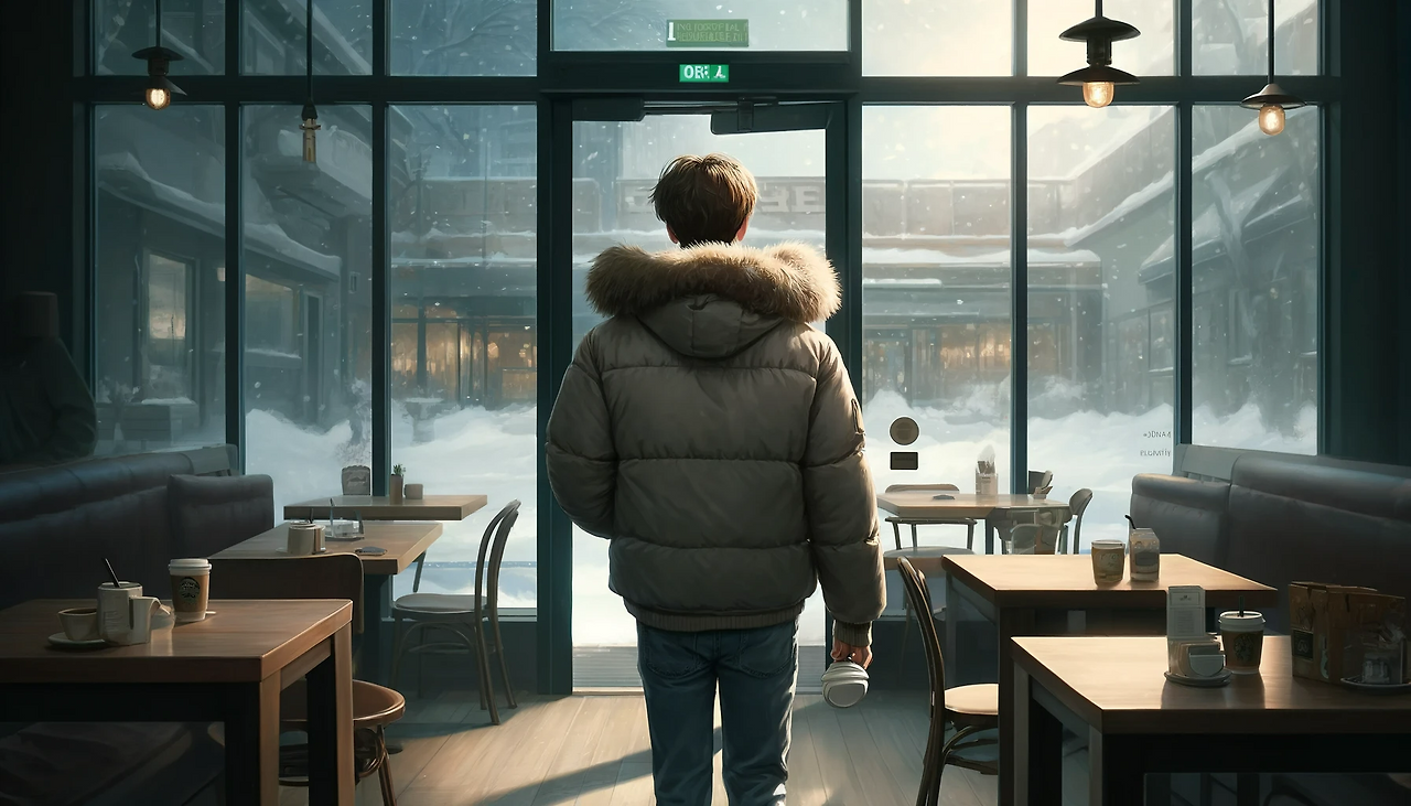 DALL·E 2024-06-10 18.16.08 - The back view of Youngjin, who is dressed in a thick winter jacket and jeans, walking out of a high-end coffee shop. The coffee shop has large windows.png