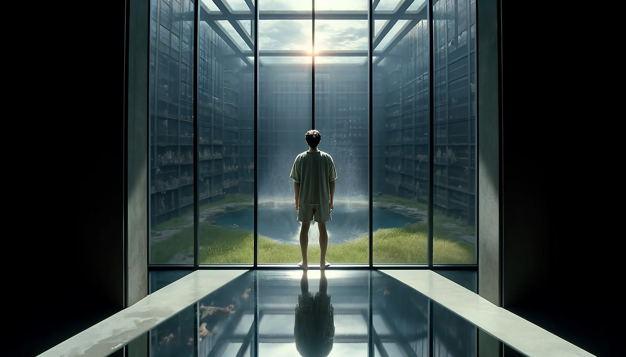 DALL·E 2024-06-11 14.35.41 - A scene showing Yeong-jin in his room at Iderium, looking out through a tall, vertical full-length glass window. The reflection of Yeong-jin's dazed e.png