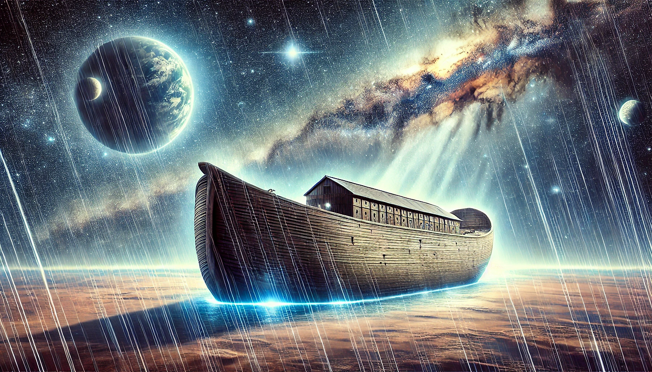 DALL·E 2024-06-21 10.15.10 - A depiction of Noah's Ark, the ancient large wooden ship, sailing through the vastness of space. The Ark is designed as it is described in the Bible, .png