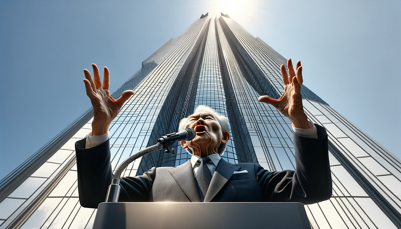 DALL·E 2024-06-12 09.33.49 - A dynamic scene captured from a low-angle perspective, looking up at an elderly Korean chairman passionately giving a speech. The view includes the up.png