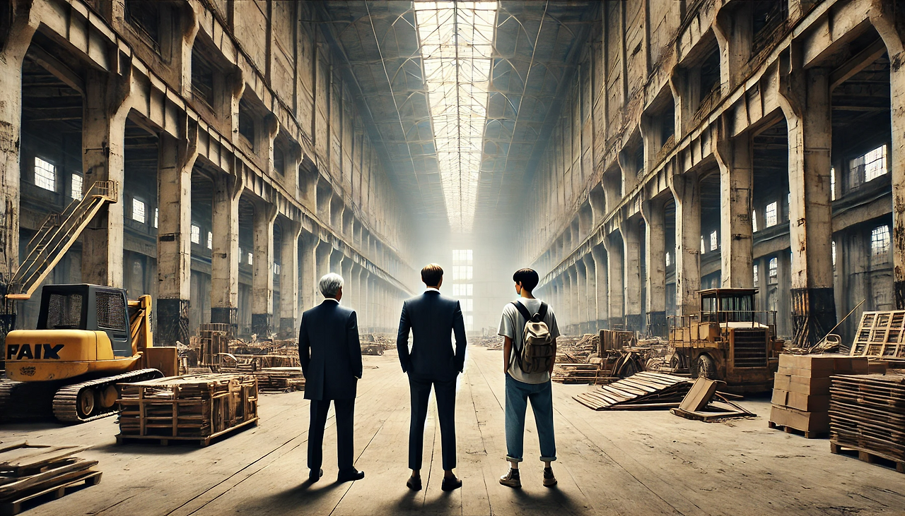 DALL·E 2024-06-20 07.54.20 - In a spacious and grand interior of a worn-out abandoned factory with scrap materials lying around, three men are standing with their backs to the vie.png