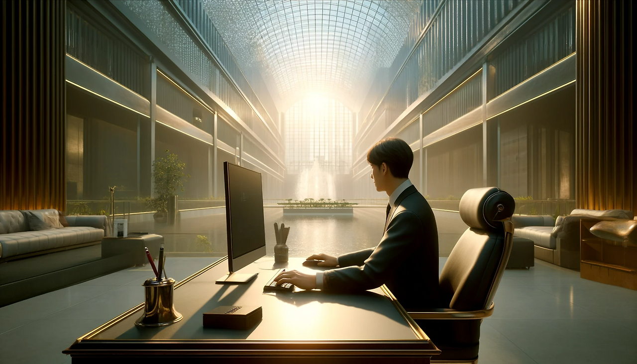 DALL·E 2024-06-11 16.07.38 - A scene showing Yeong-jin in a luxurious room at Iderium, sitting at a sleek desk with a computer. He is clicking the send button on an email with a m.png
