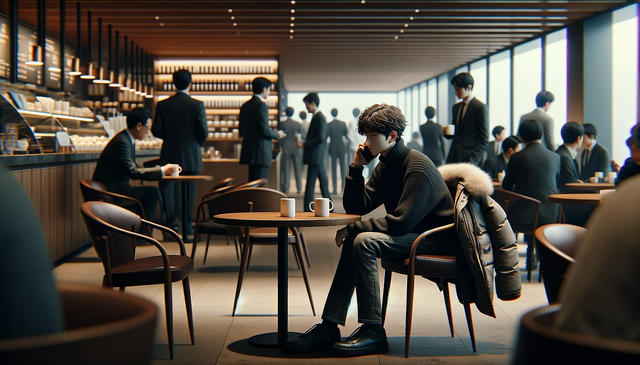 DALL·E 2024-06-10 18.08.46 - Inside a high-end coffee shop, the main character, Youngjin, is waiting alone for his friend Yeongtae. Youngjin is sitting at a table with a white mug.png