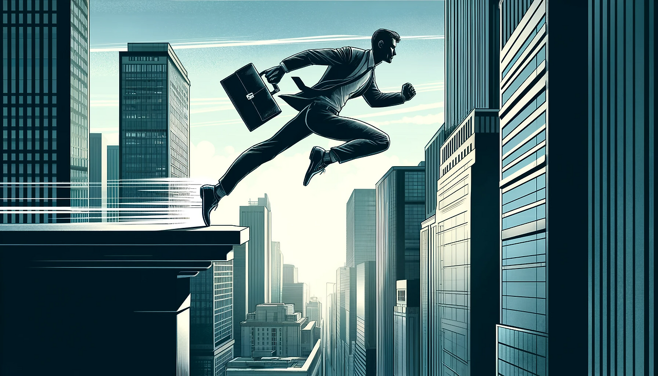DALL·E 2024-06-06 11.58.31 - Illustration for page 66 of a book, showing a man's silhouette leaping across high-rise building rooftops on his way to work, this time without a tie .png