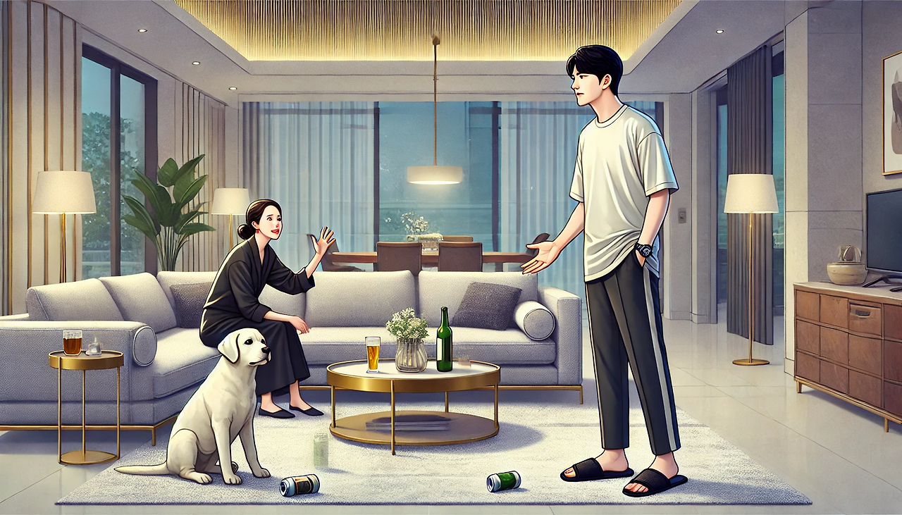 DALL·E 2024-06-19 15.10.21 - An illustration of Minseong and Eunhee having an argument inside a luxurious apartment. Eunhee, the female protagonist, has just returned from work an.png