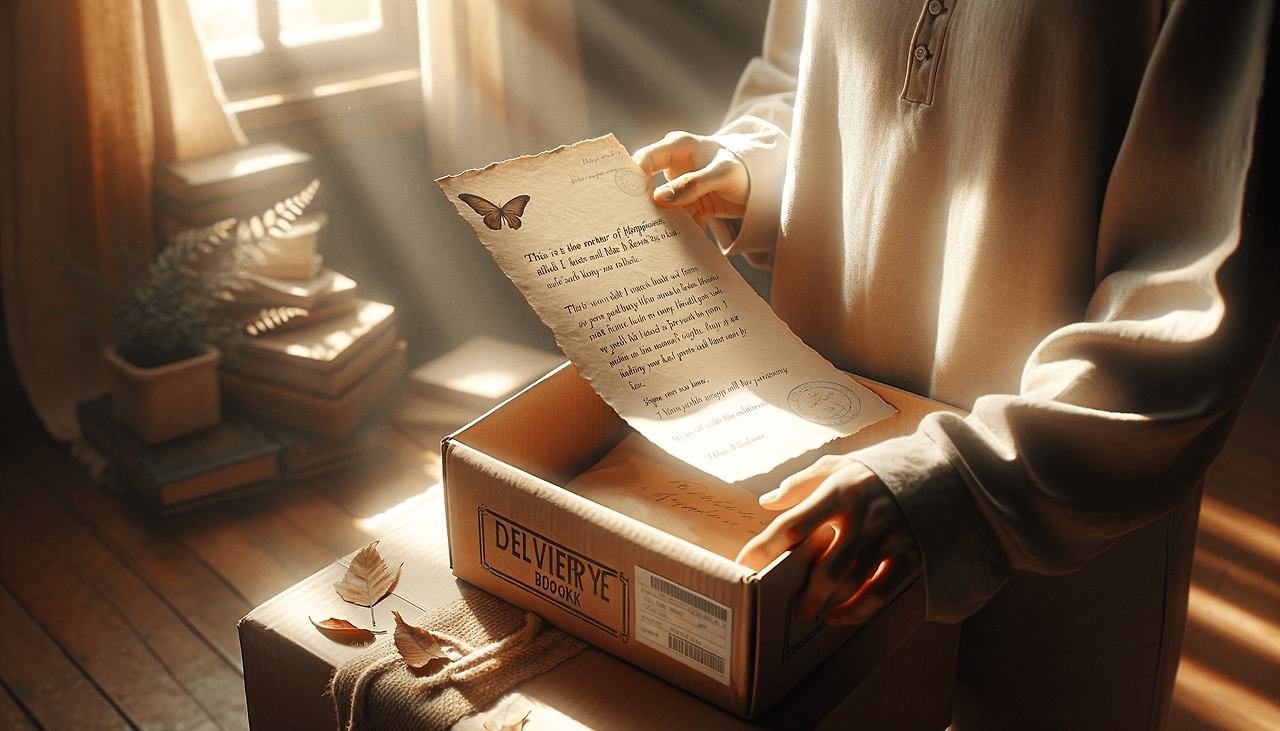 DALL·E 2024-06-04 15.15.22 - A serene scene featuring a person holding a letter with illegible handwriting, standing next to a delivery box containing a poetry book. The person is.png