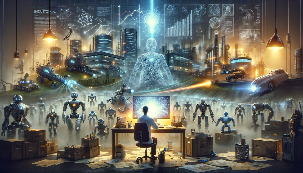 DALL·E 2024-06-11 14.15.03 - An imaginative scene depicting the story of a company involved in developing AI robots, with a focus on their decline and a researcher's groundbreakin.png