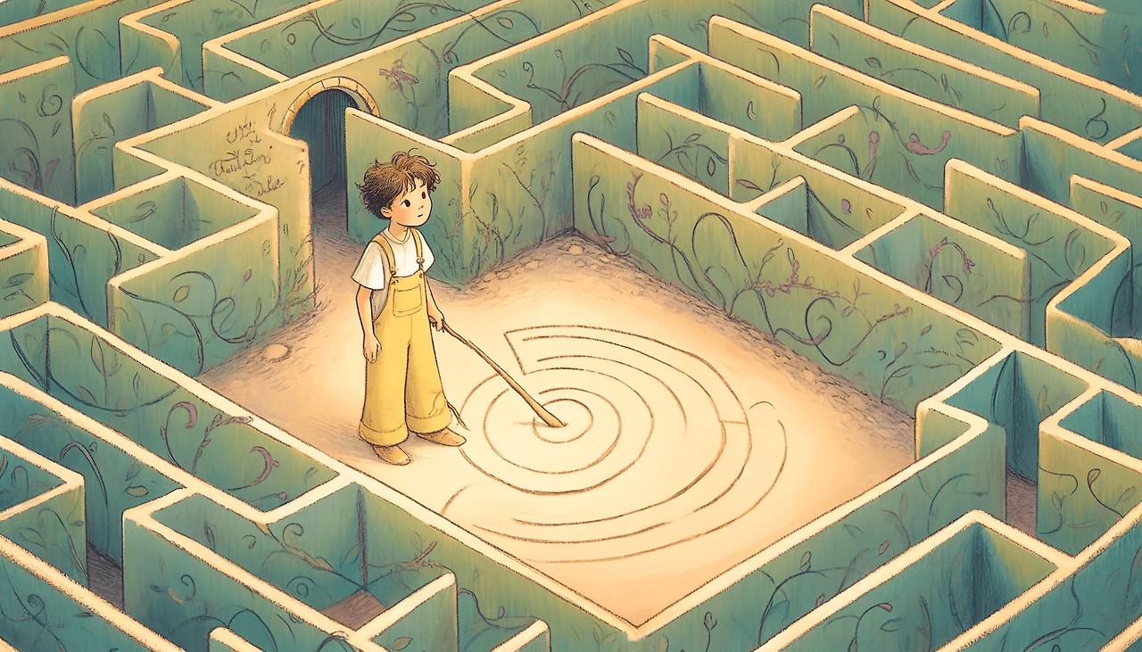 DALL·E 2024-06-04 13.30.23 - In the style of The Little Prince, an illustration showing the protagonist inside the maze, returning to the starting point. The protagonist, wearin.png