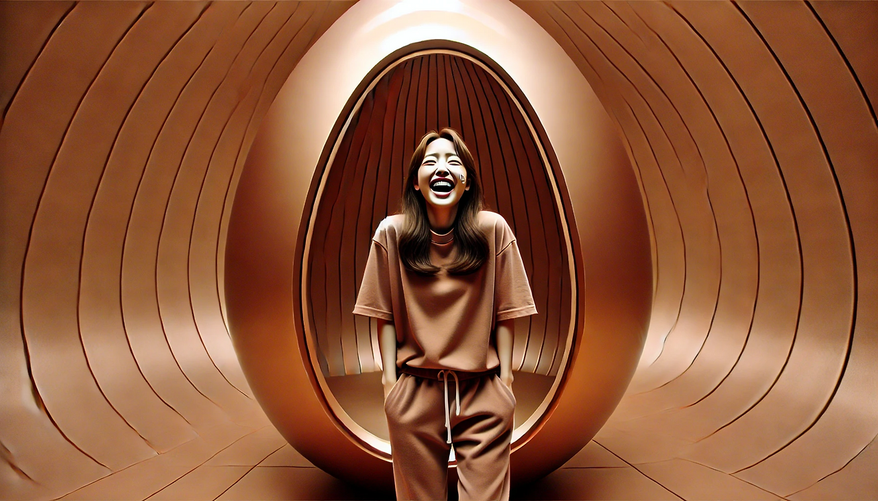 DALL·E 2024-06-20 13.45.34 - In a smooth copper egg-shaped room with no patterns or lines on the walls or floor, Eunhee, wearing copper-colored short-sleeved t-shirt and sweatpant.png