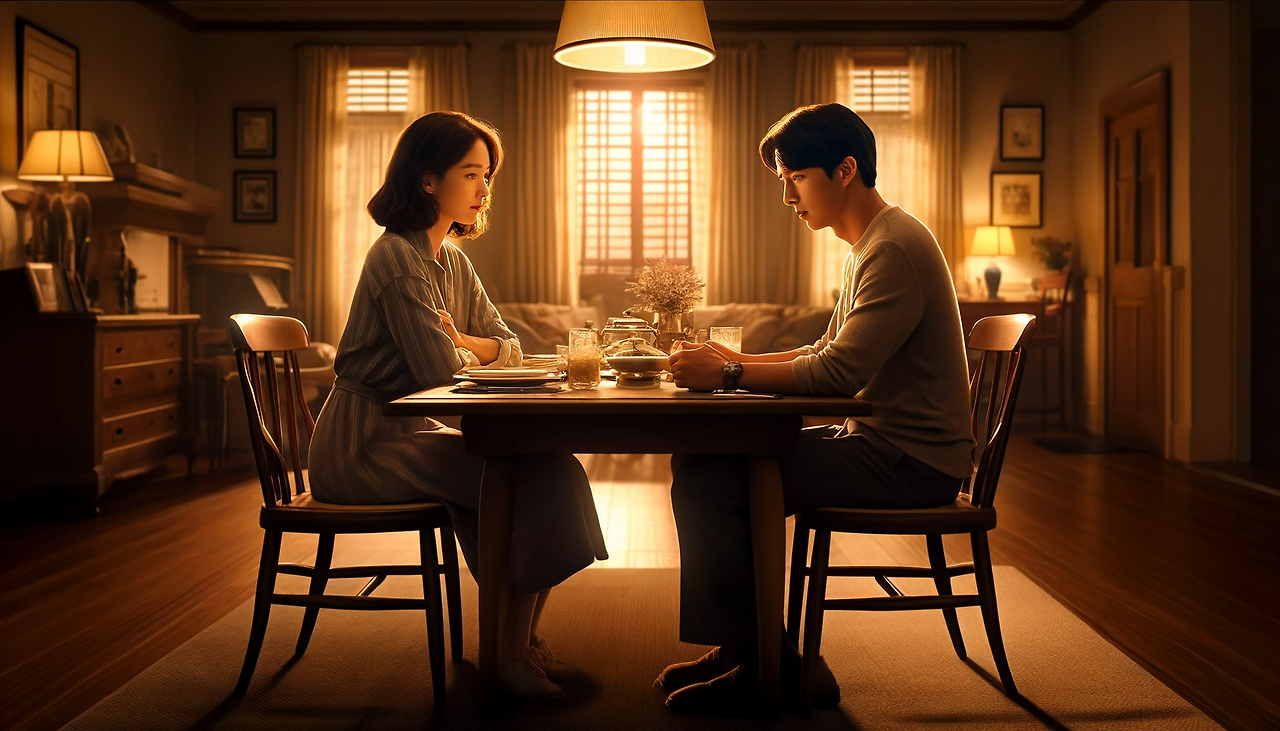 DALL·E 2024-06-11 13.58.32 - A dining room scene with Yeong-jin and his wife sitting across from each other at a dining table. Yeong-jin's wife is looking at him with a softened e.png