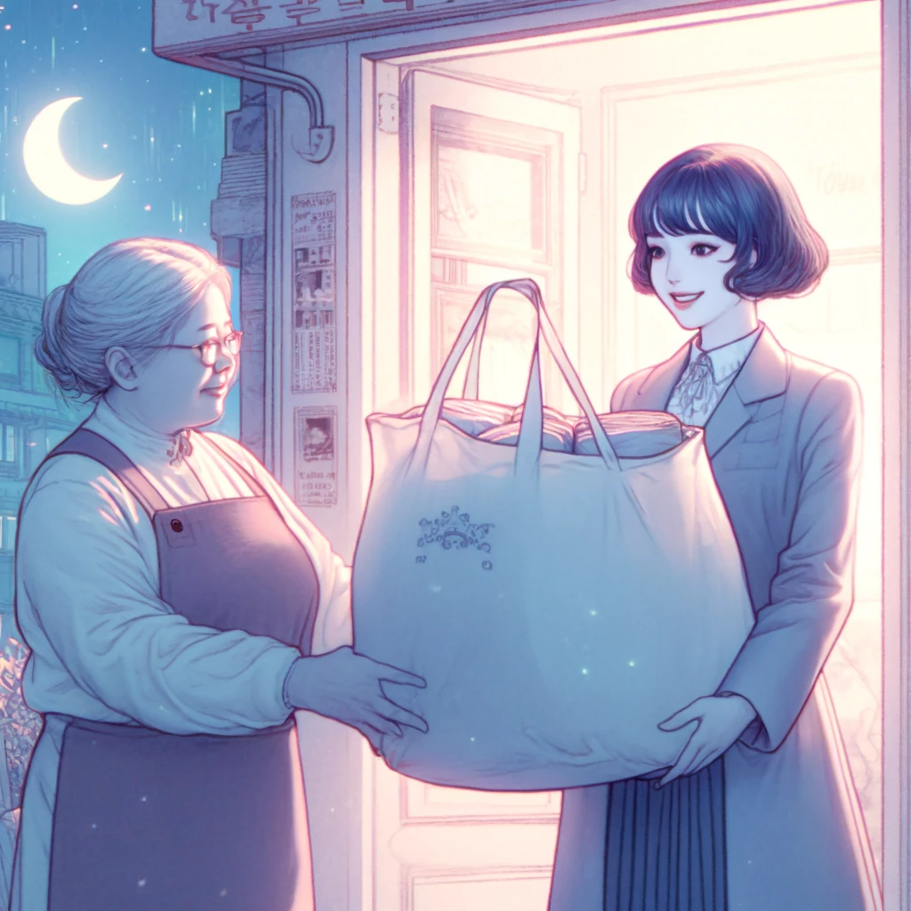DALL·E 2024-06-08 14.30.39 - A mystical pastel-toned illustration of a scene involving a mid-twenties Korean woman named Ronika and a middle-aged shop lady. The scene is set in fr.png