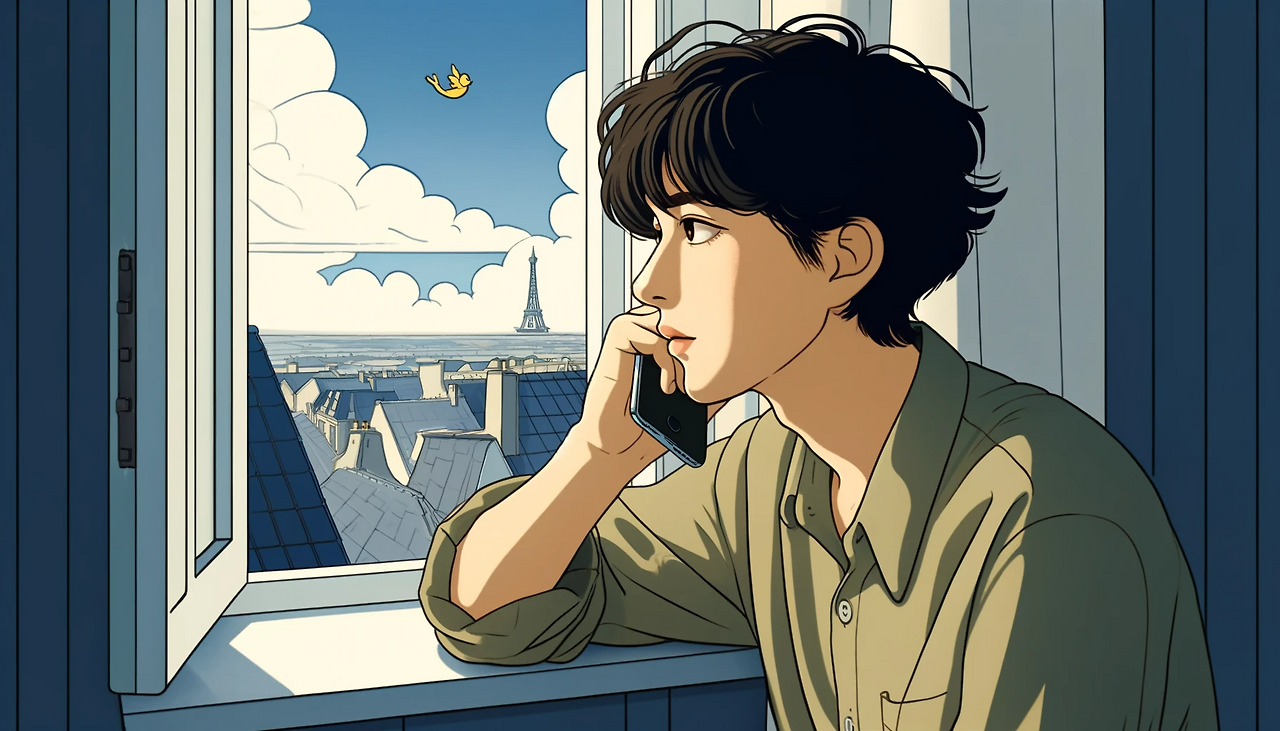 DALL·E 2024-06-08 15.02.45 - In the style of 'The Little Prince,' create an illustration of Ife, a mid-20s Korean young man, looking out the window while talking on the phone. Ife.png
