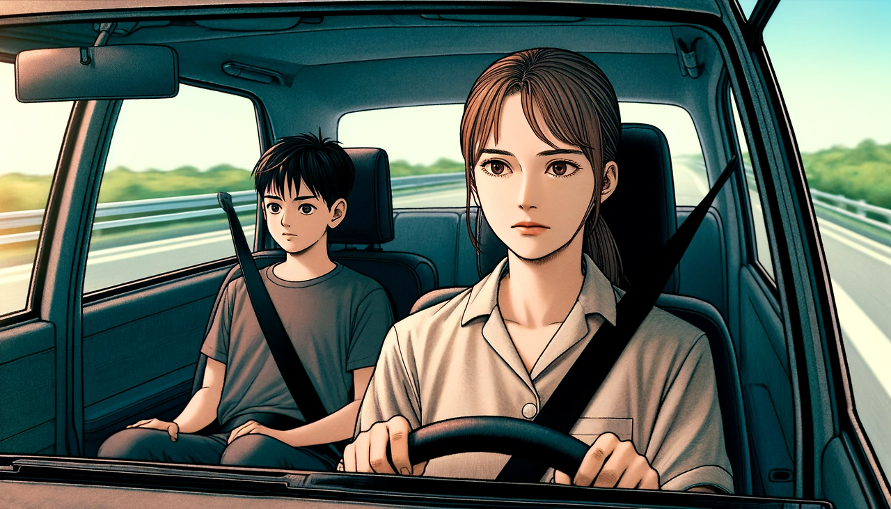 DALL·E 2024-06-08 15.25.01 - A scene viewed from outside a car window, showing a woman in her mid-20s driving and a 9-year-old boy sitting in the passenger seat. Both characters h.png