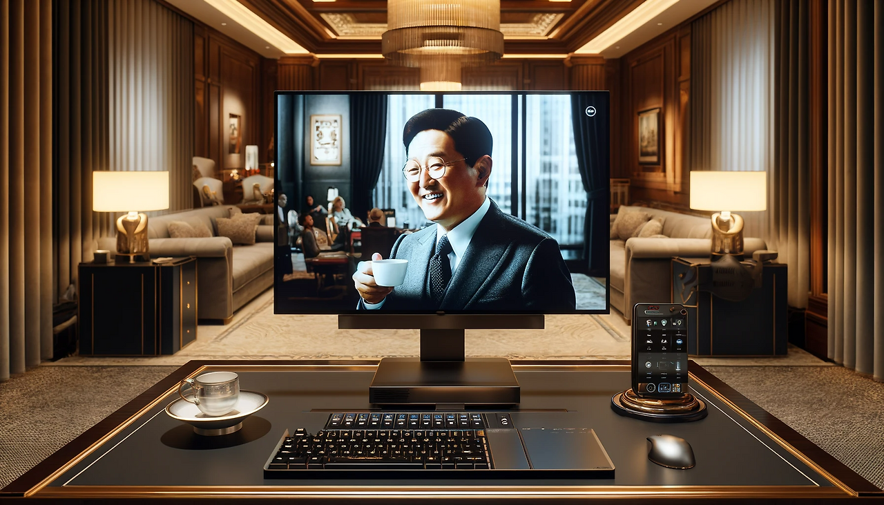 DALL·E 2024-06-11 13.20.14 - A luxurious, spacious room resembling a 5-star hotel suite with high-end furniture and decor. On a modern, sleek desk, there is a high-tech monitor sh.png