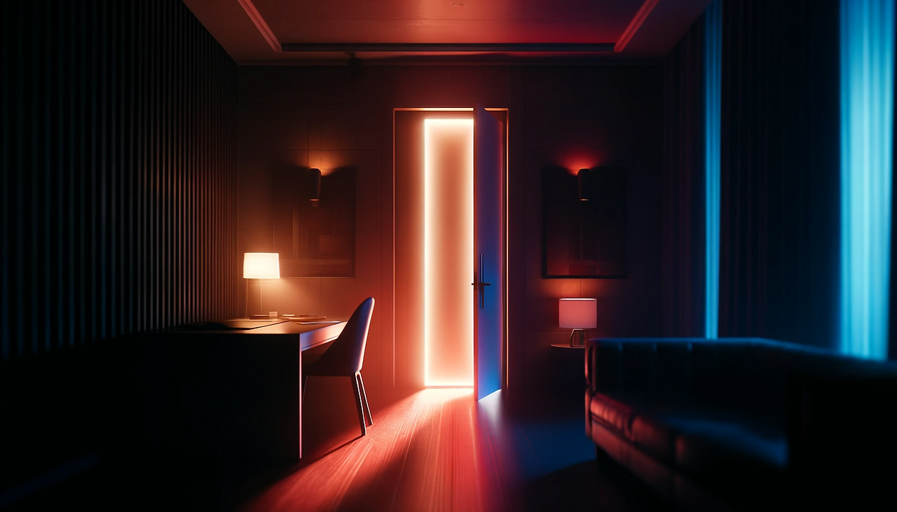DALL·E 2024-06-11 13.48.13 - A luxurious room with dimmed lights and soft red and blue mood lighting, creating an intimate atmosphere. On the wall next to the desk, a rectangular .png