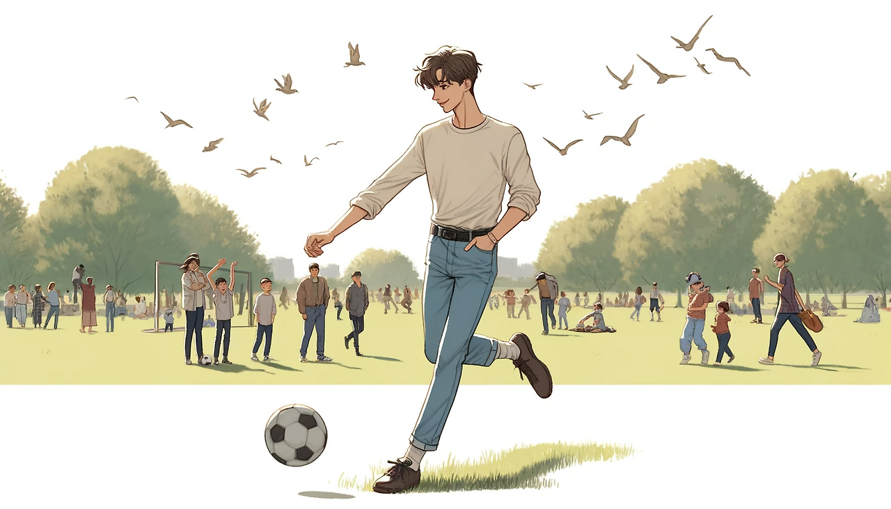 DALL·E 2024-06-09 17.54.08 - Create an illustration of a 20-something man named Ife in a park on a sunny day. He is wearing blue jeans and a white long-sleeve shirt with the sleev.png