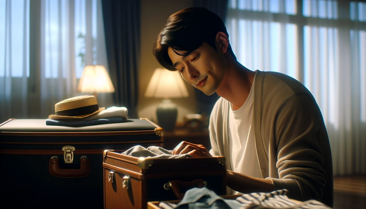 DALL·E 2024-06-11 14.07.09 - A scene showing Yeong-jin packing clothes and personal items into two large trunks with a calm expression. He is thoughtfully arranging his belongings.png