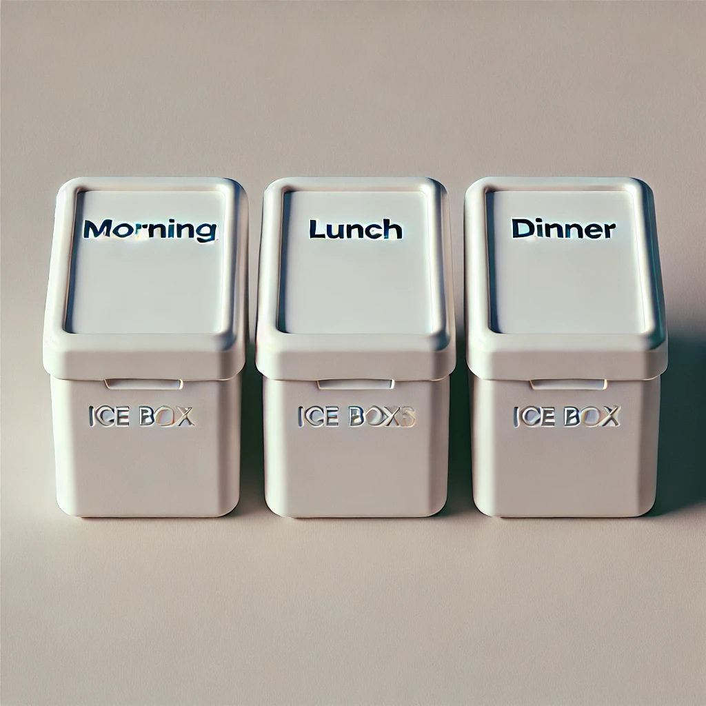 DALL·E 2024-06-20 08.31.21 - Three ice boxes labeled 'Morning', 'Lunch', and 'Dinner' respectively. The ice boxes are clean and simple, with no visible food. They are placed again.png