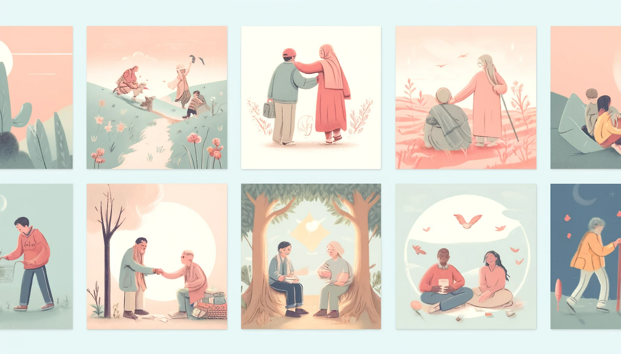 DALL·E 2024-06-06 13.05.18 - A series of pastel-toned illustrations depicting various moments of friendship between good people. Scenes include two friends sharing a laugh, helpin.png