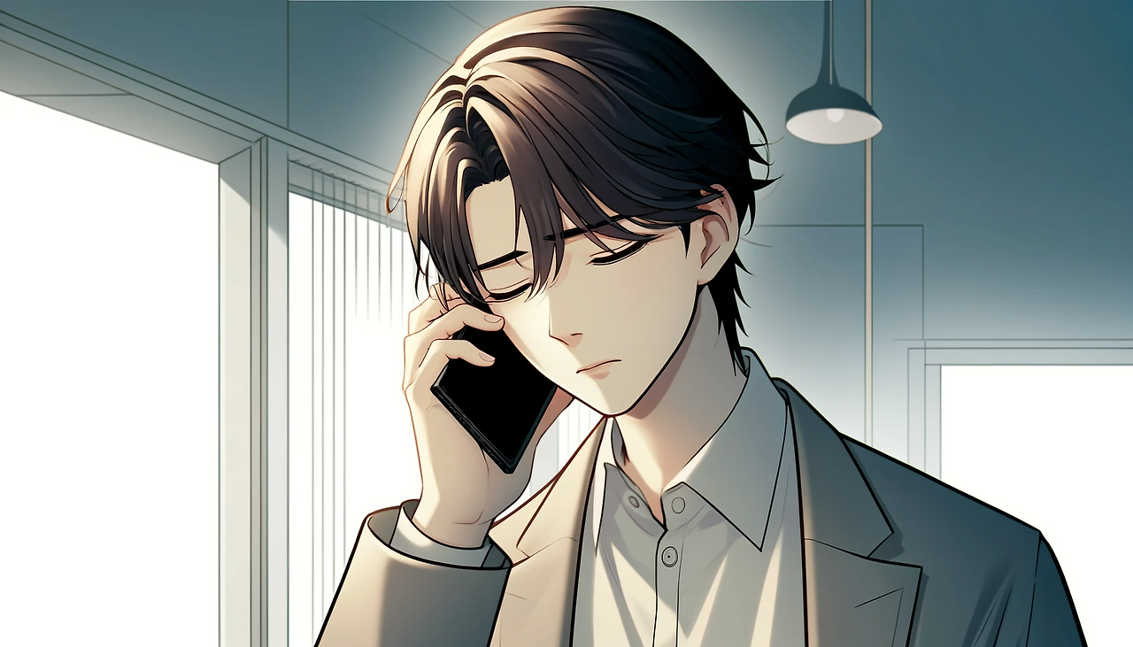 DALL·E 2024-06-07 16.23.48 - A young man named Ife talking on a smartphone, with his eyes closed, showing an expression of patience and endurance. The scene is set in a modern, mi.png