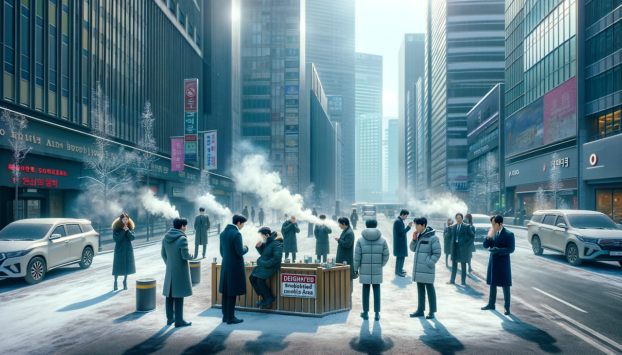 DALL·E 2024-06-11 15.57.13 - A scene depicting a bustling urban area in a city with high-rise commercial buildings. The setting is a wide city street with a designated smoking are.png