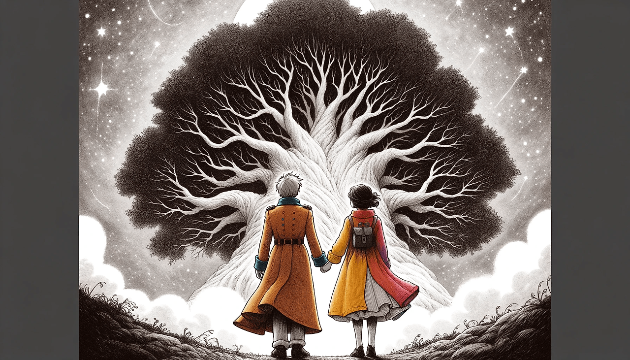 DALL·E 2024-06-04 14.35.51 - In the style of The Little Prince, an illustration showing a middle-aged protagonist and his lover from behind, holding hands and looking up at a gr.png