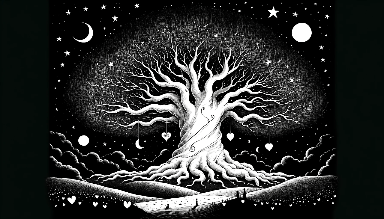 DALL·E 2024-06-04 14.23.17 - In the style of The Little Prince, an illustration showing a grand and gigantic tree with an imposing presence, filling the entire 16_9 frame. The t.png