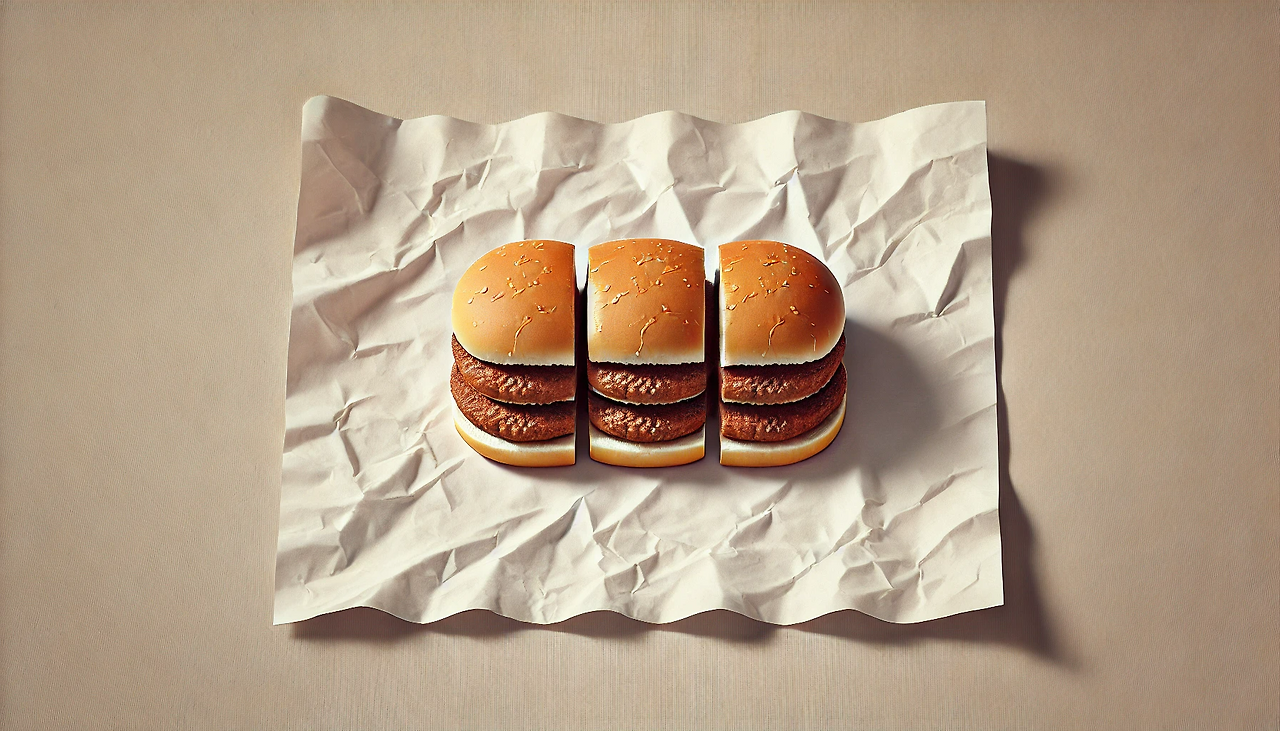DALL·E 2024-06-19 12.00.26 - An illustration of a torn hamburger wrapper spread out on a surface. On the wrapper are three equal pieces of a single hamburger that has been cut int.png