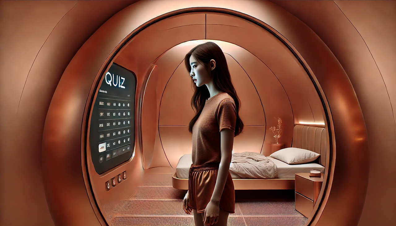 DALL·E 2024-06-19 13.27.37 - A young woman named Eunhee inside an egg-shaped room with smooth, seamless copper walls. She is looking at a floating monitor screen in front of her, .png