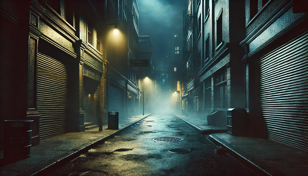DALL·E 2024-06-16 22.07.54 - An eerie and desolate back alley of the city at night. It's been a year since the news first broke that people were disappearing, known by some and un.png