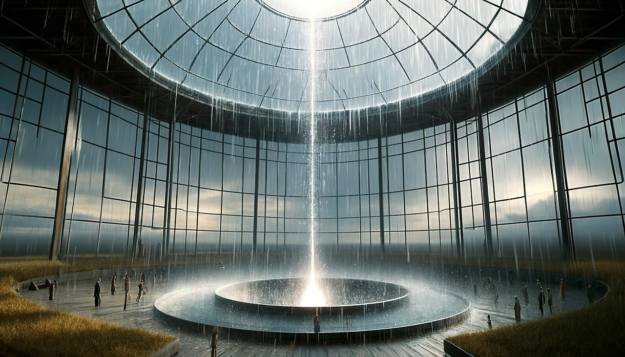 DALL·E 2024-06-11 15.07.02 - A scene inside Iderium with a high glass ceiling showing the sky. Raindrops are falling and hitting the glass ceiling, bouncing off. Below, a fountain.png