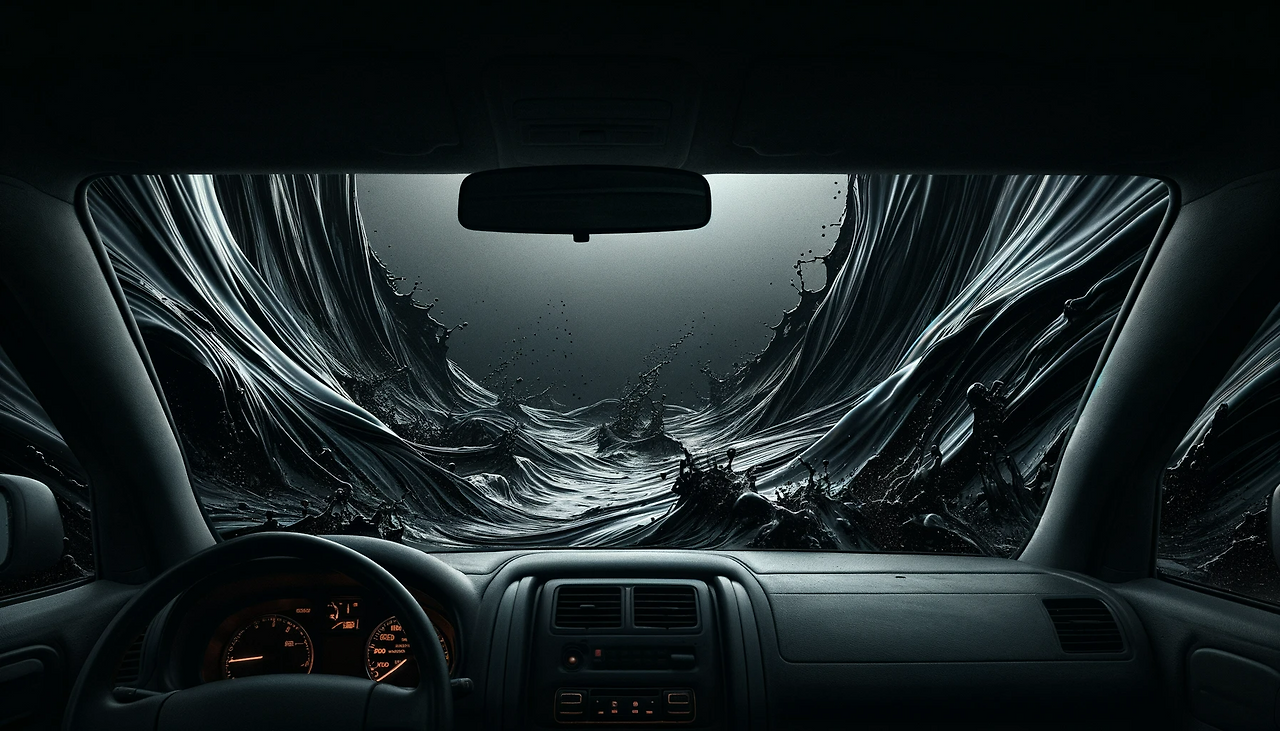 DALL·E 2024-06-11 12.42.19 - View from the driver's seat of a car looking at the passenger window. The passenger window is open, and thick, viscous black oil is pouring in through.png