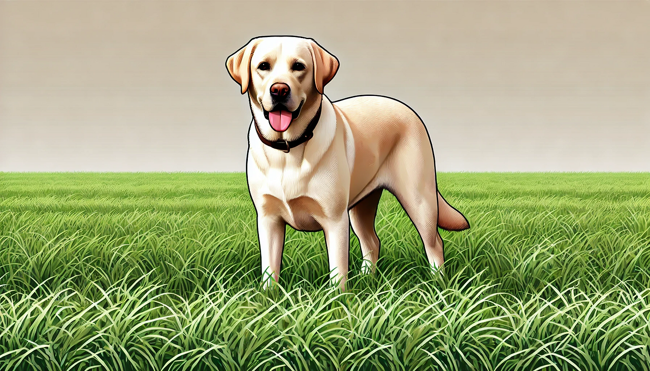 DALL·E 2024-06-19 14.45.43 - A realistic illustration of a well-groomed Labrador Retriever named 'Jid', based on the provided image. The dog is standing on a grassy field with gre.png