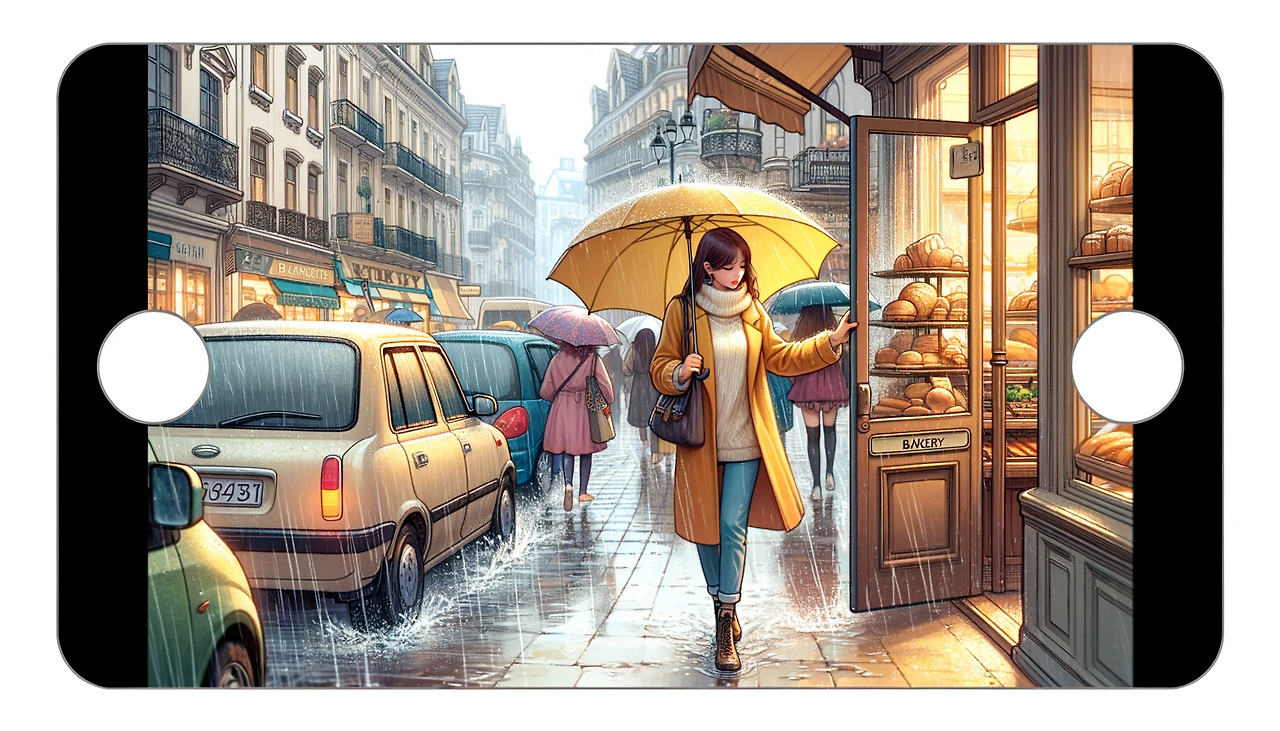 DALL·E 2024-06-08 10.54.36 - An illustration depicting a young woman named Ronika coming out of a bakery in heavy rain. The street is bustling with cars splashing rainwater onto t.png