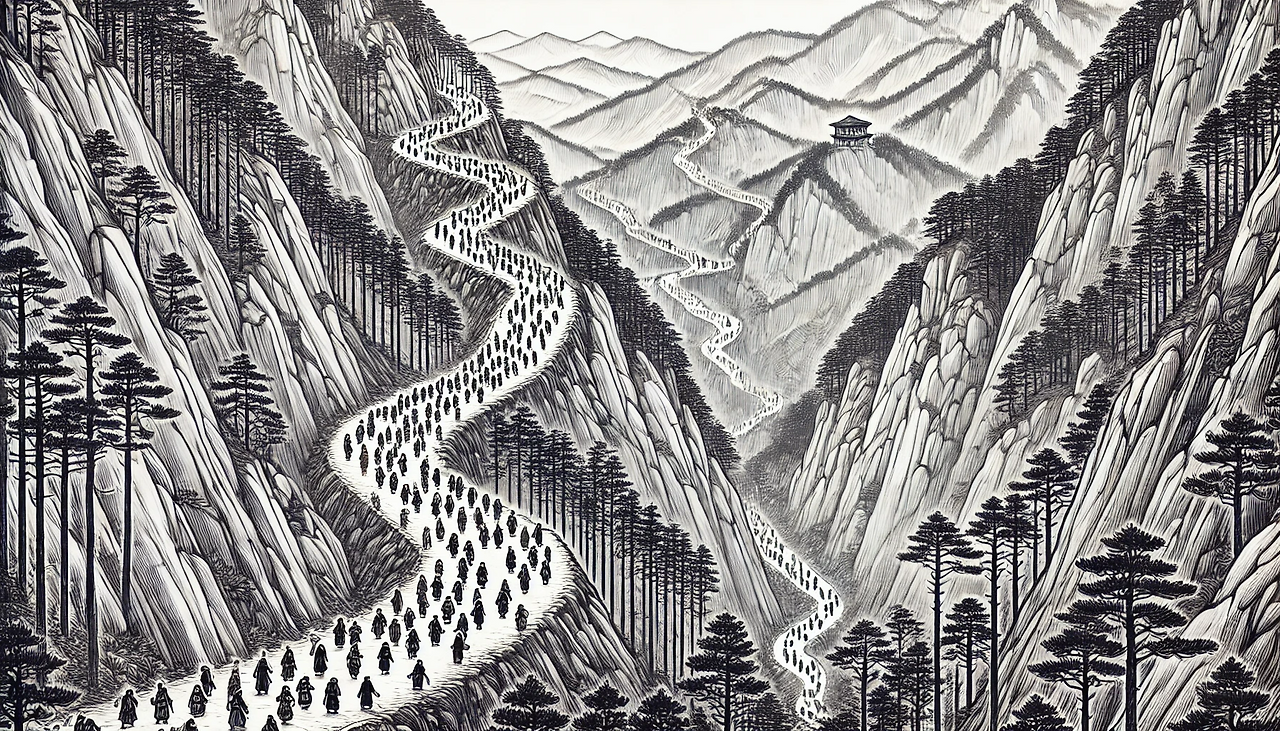DALL·E 2024-06-25 13.01.37 - An illustration showing a narrow, winding mountain path deep in the Korean mountains with countless people. The path is surrounded by dense forests wi.png