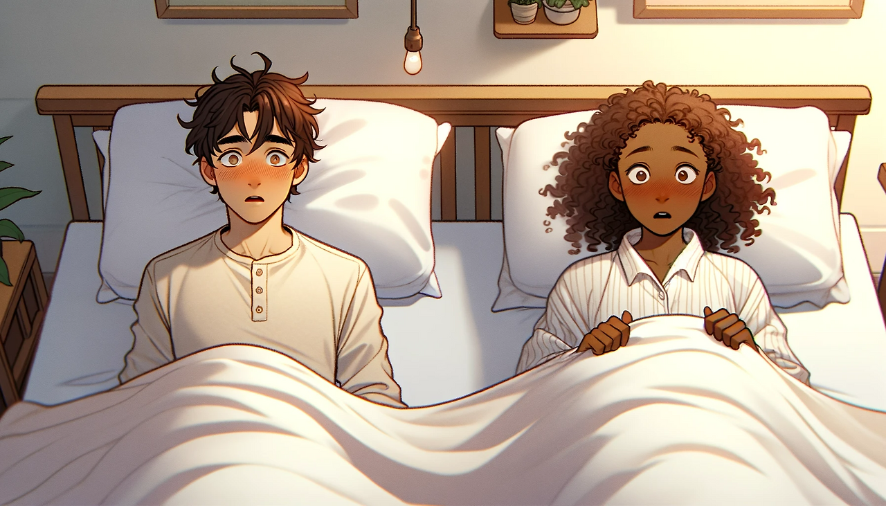 DALL·E 2024-06-08 16.45.03 - A 16_9 illustration of two young adults, Ife and Ronika, waking up in the same bed under a blanket. Both characters look surprised and embarrassed. If.png