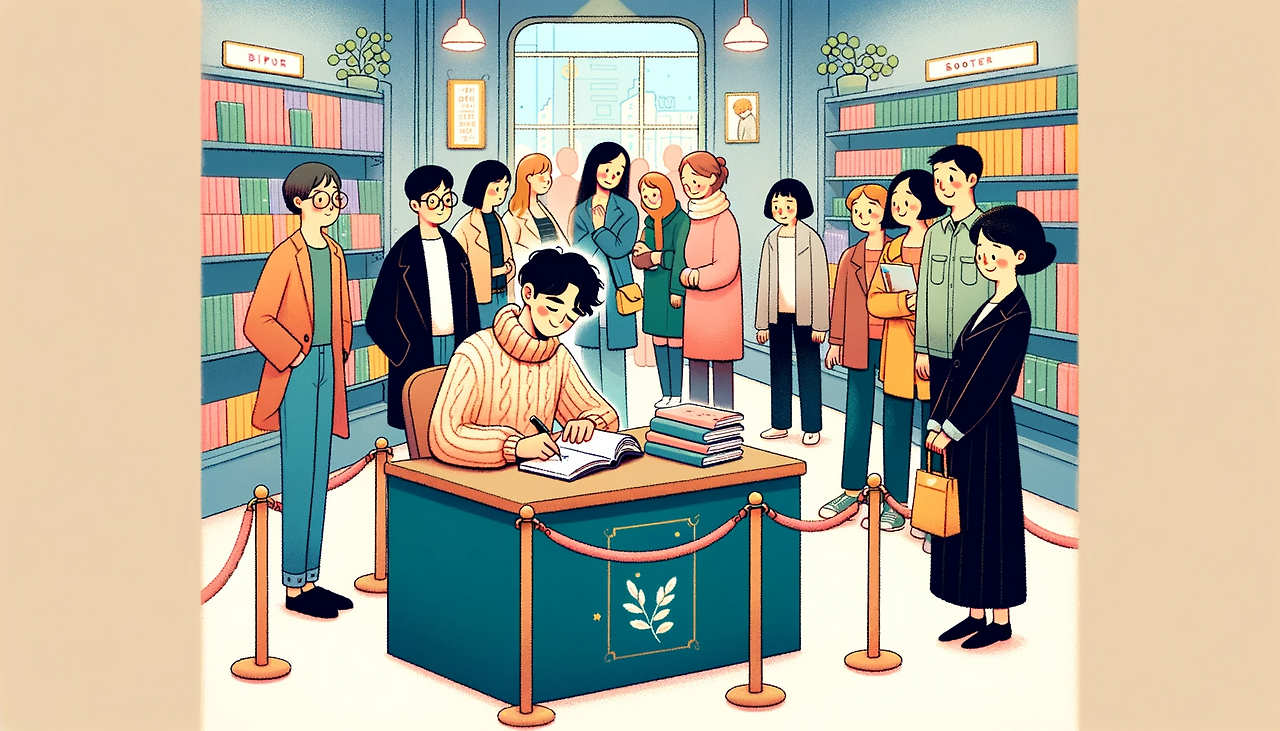 DALL·E 2024-06-07 22.44.49 - In a bookstore, people are lined up in a long queue. At the end of the line, Ife, a young Korean man in his mid-20s, is sitting and signing books that.png