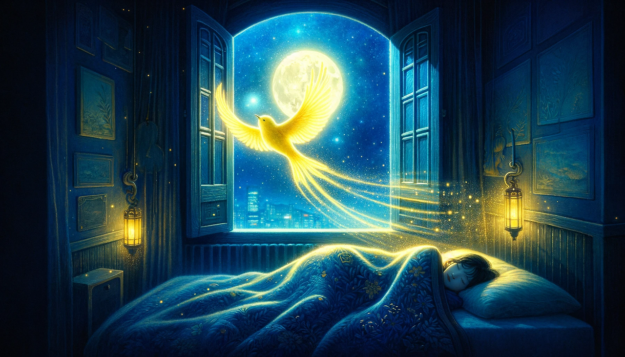 DALL·E 2024-06-08 17.04.20 - A mystical scene in Ronika's dark room. Jinhee is sleeping. The room begins to gradually brighten. Yellow light emanates from the blanket, growing bri.png