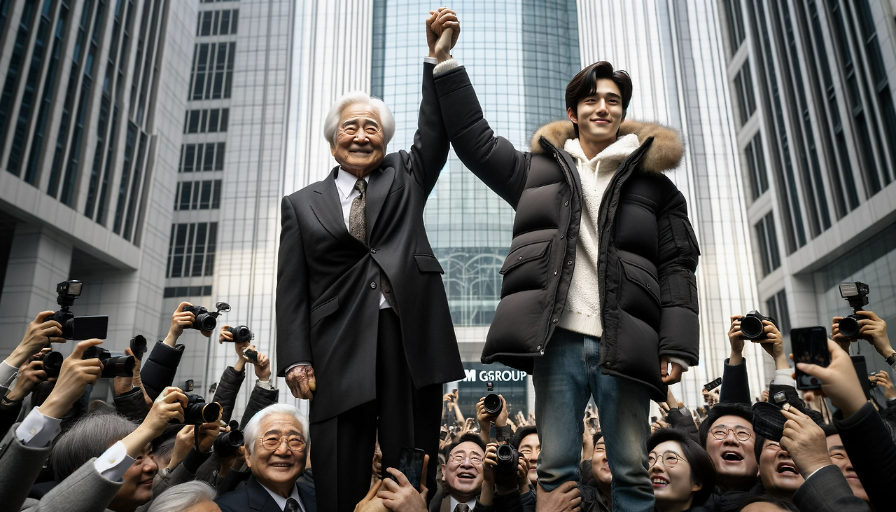 DALL·E 2024-06-12 10.02.32 - A triumphant scene where an elderly Chairman Kang-min, in his 80s, dressed in a black suit and a long black coat, and Youngjin, dressed in a white pad.png