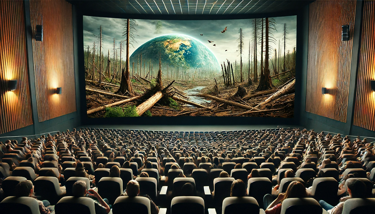 DALL·E 2024-06-16 22.38.47 - A movie theater screen showing a scene from the film 'Lungs' depicting the destruction of Earth's forests. The screen displays a devastated forest lan.png