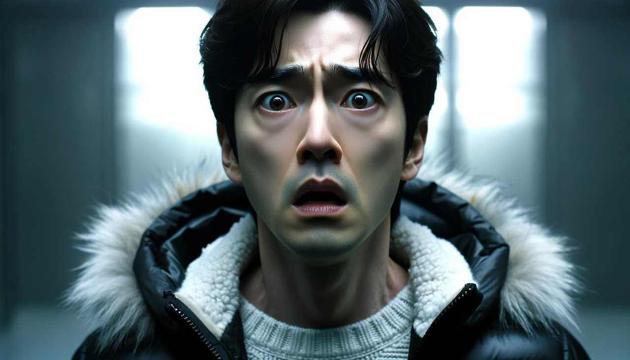 DALL·E 2024-06-12 10.54.41 - A scene depicting Youngjin looking horrified and terrified. He is in his mid-30s, with a face showing signs of maturity. He is wearing a black padded .png