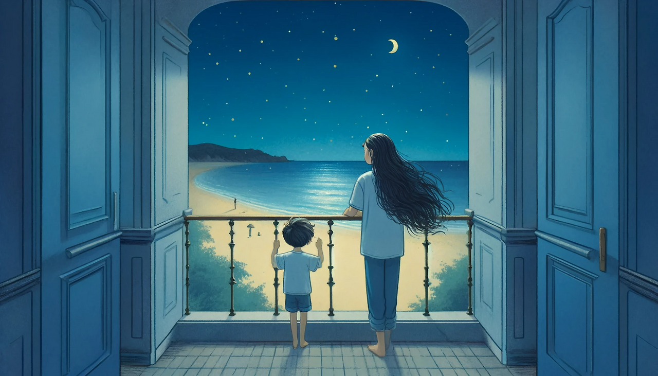 DALL·E 2024-06-08 15.58.02 - A whimsical and emotional illustration in the style of 'The Little Prince,' showing a night scene from behind on a second-floor balcony overlooking a .png