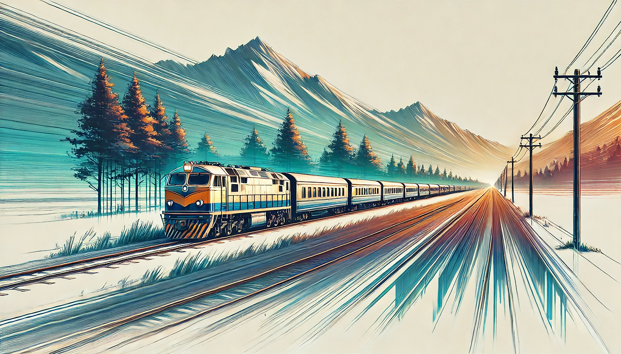 DALL·E 2024-06-21 10.56.53 - A long, old, weathered modern train running on tracks with the sense of speed as the surrounding scenery blurs. The scene includes the train, nearby t.png