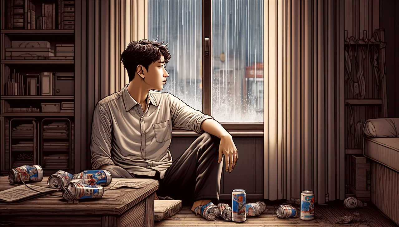 DALL·E 2024-06-08 10.46.38 - An illustration depicting a young Korean man named Ife looking out of a window, with rain pouring down outside. The room has a few crushed beer cans s.png