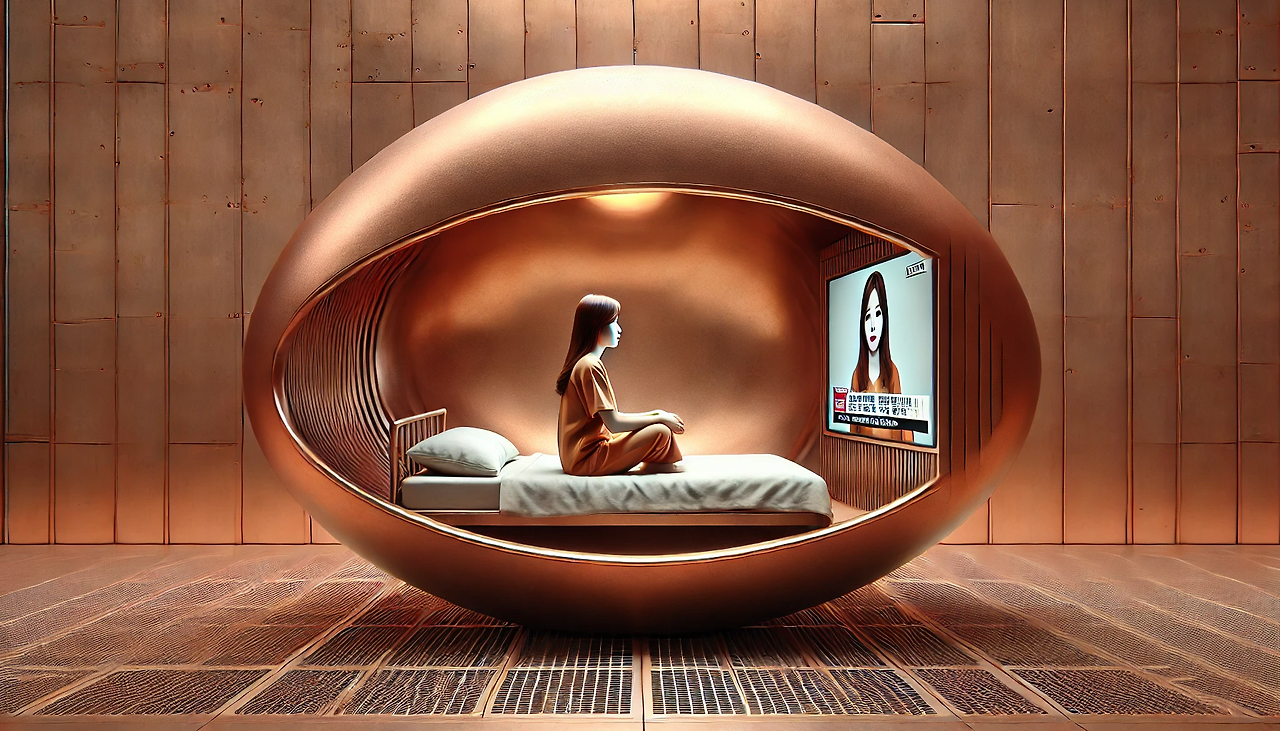 DALL·E 2024-06-19 10.27.16 - A realistic illustration of a woman named Eunhee sitting on the middle of the bed, which is attached to a smooth, copper-colored metal wall that resem.png