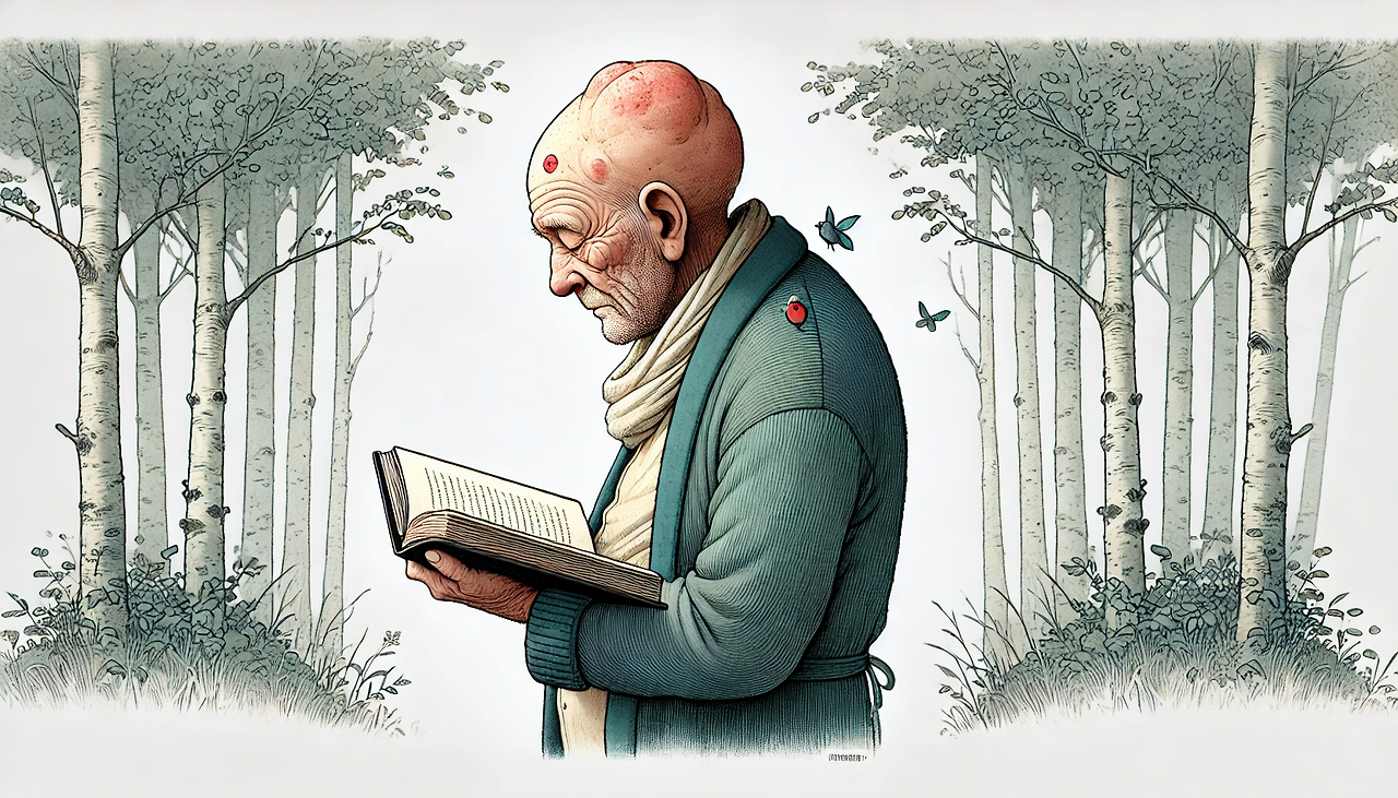 DALL·E 2024-06-24 09.57.13 - A 77-year-old bald mature student, standing in a forest and dozing off while holding an open book. His head is drooping forward, showing his profile, .png
