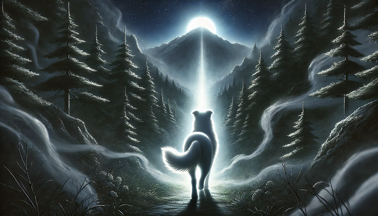 DALL·E 2024-06-25 12.40.45 - A dramatic and mystical illustration showing the dog Gyeonseong disappearing into the darkness of the mountains at night. The scene depicts Gyeonseong.png