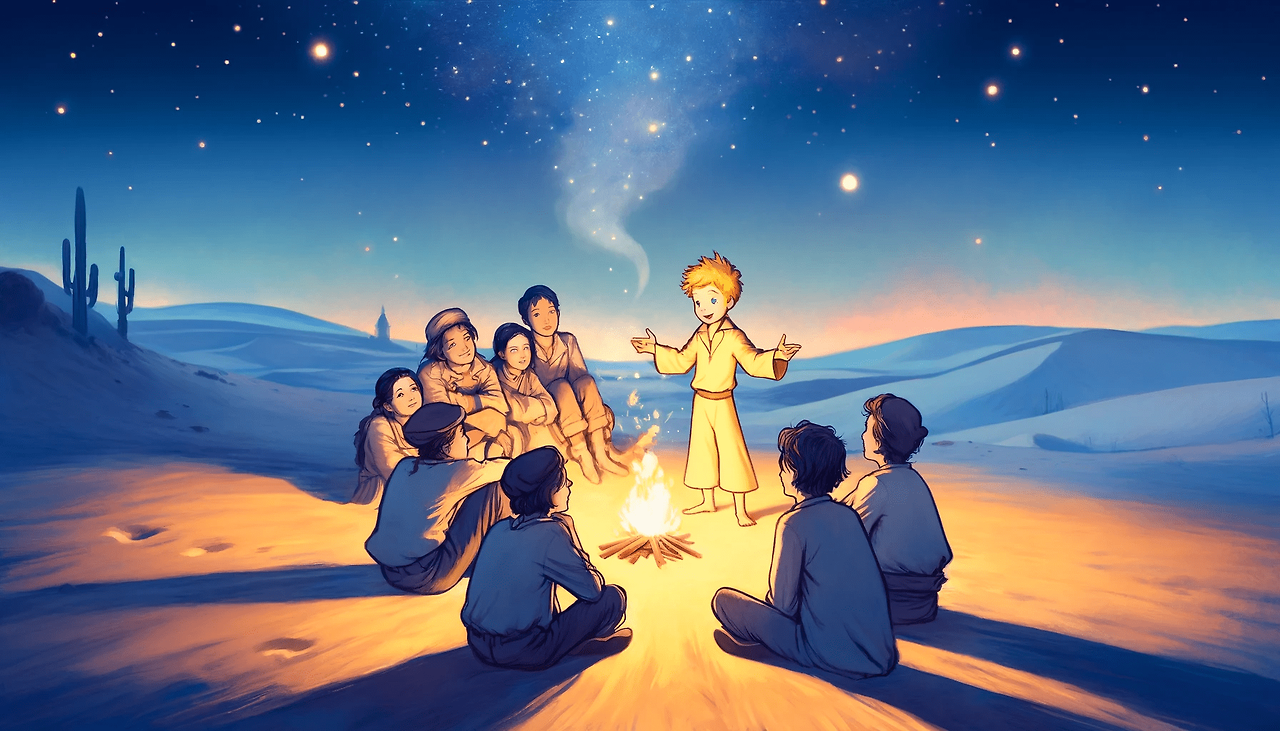 DALL·E 2024-06-04 13.37.21 - In the style of The Little Prince, an illustration showing a desert night scene with a group of young people around a campfire. The starry night sky.png